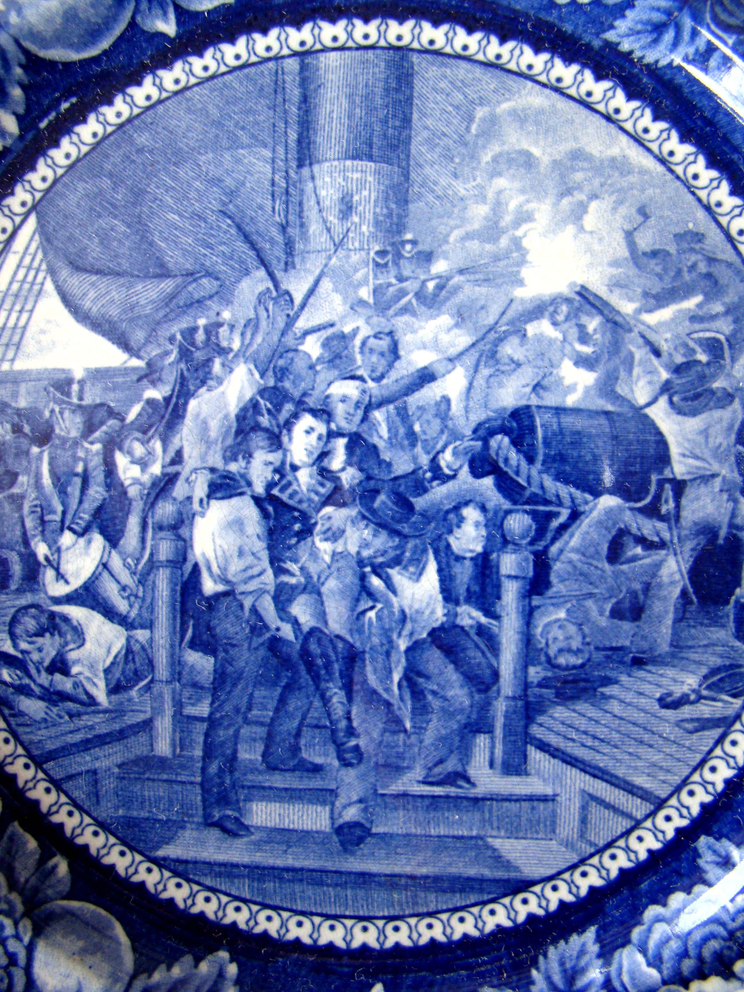 A rare historical Staffordshire plate depicting the Death of Capt. Lawrence June 1st, 1813